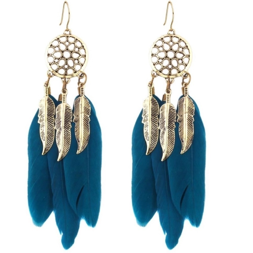 Dream catcher dangle earrings. Teal under light (see pictures) 4.5 inches size. - Picture 6 of 13